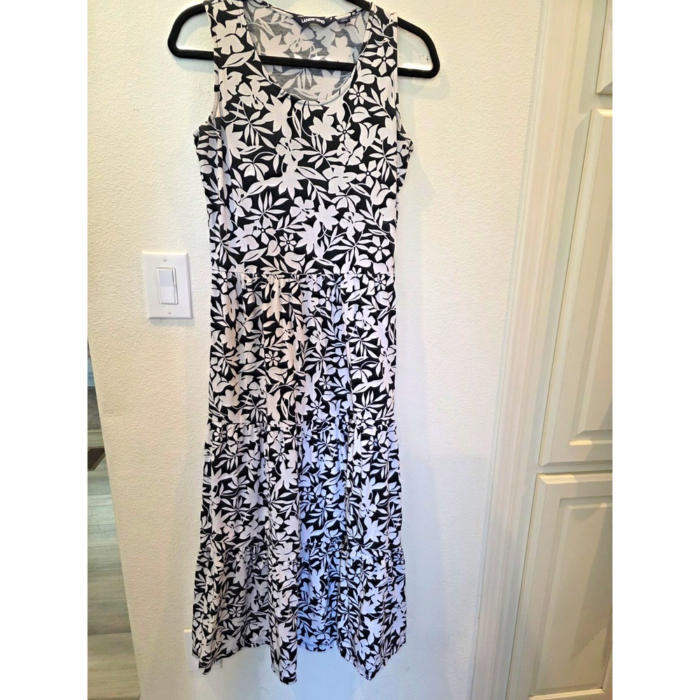 Lands End Black/White Floral Knit Maxi Dress Scoop Neck Stretch Sz S CottonModal
